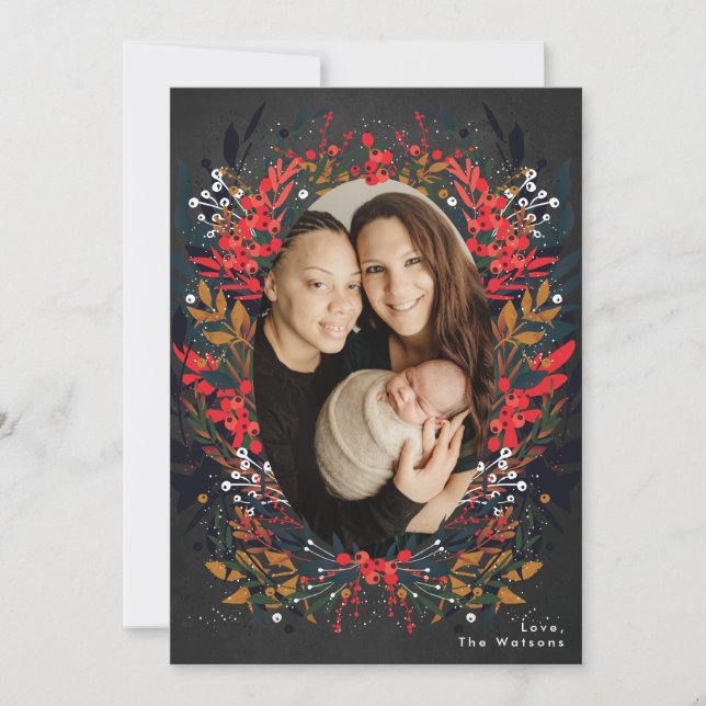 Festive Floral Berry Chalk Christmas Holiday Card (Front)