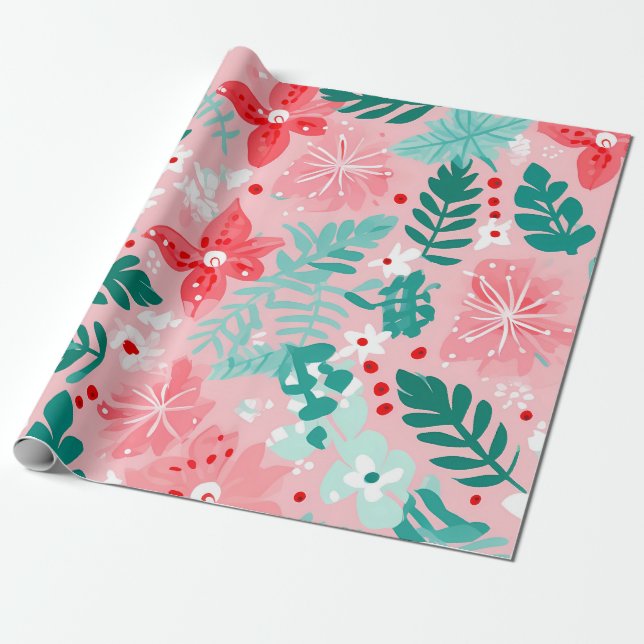 "Festive Floral Bliss Pattern" Wrapping Paper (Unrolled)