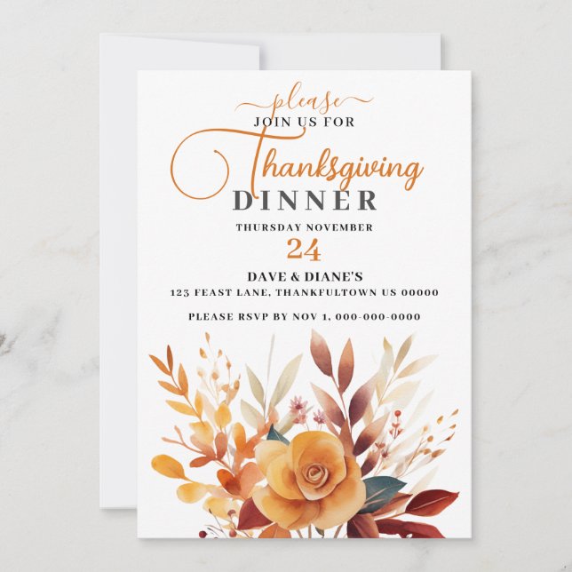Festive Floral Bouquet Thanksgiving Dinner Invitation (Front)