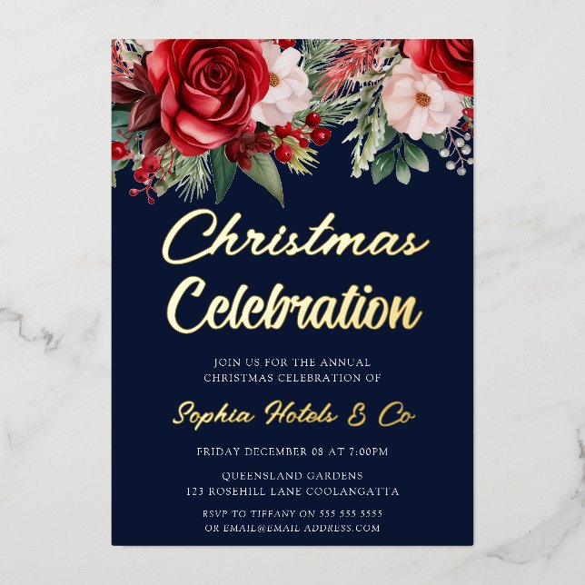Festive Floral Christmas Celebration Navy Golden (Front)