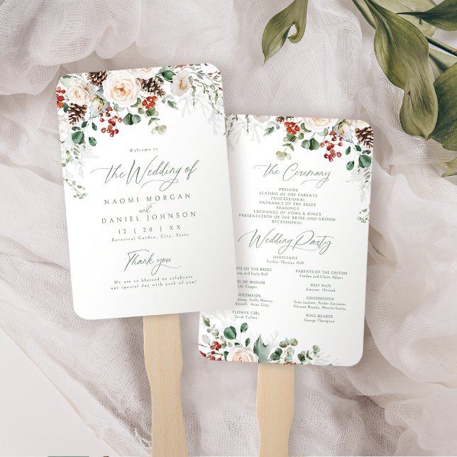 Festive Floral Holiday Winter Wedding Program Hand Fan (Festive Floral Holiday Winter Wedding Program Hand Fan)