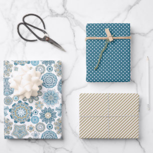 Festive Floral Mandala Snow Flakes Pattern Wrapping Paper Sheet