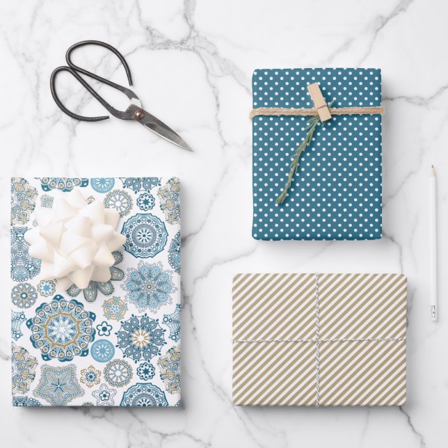 Festive Floral Mandala Snow Flakes Pattern Wrapping Paper Sheet (Front)