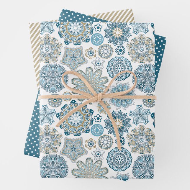 Festive Floral Mandala Snow Flakes Pattern Wrapping Paper Sheet (In situ)