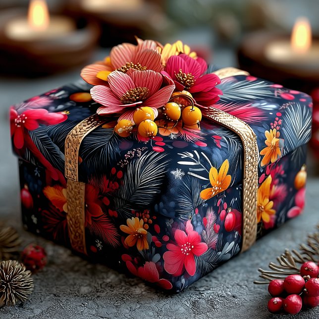 Festive Floral & Pine Christmas Pattern in Warm  Wrapping Paper (Creator Uploaded)