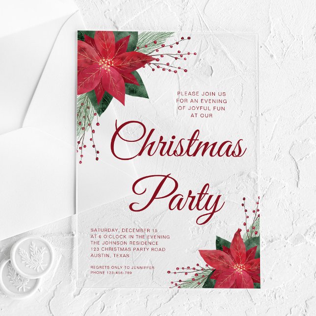 Festive Floral Poinsettia Christmas Party  Acrylic Invitations (Festive Floral Poinsettia Christmas Party Acrylic Invitations)