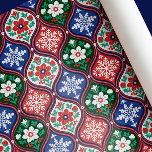 Festive Floral Snowflake Folk Art Christmas Wrapping Paper