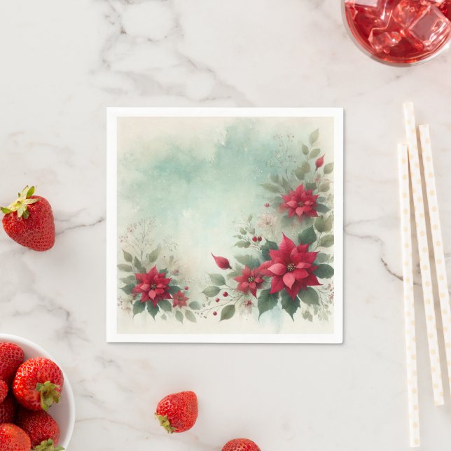 Festive Floral Wash Border Poinsettia Découpage Napkin (Insitu)