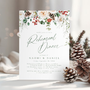 Festive Floral Winter Wedding Rehearsal Dinner Invitation