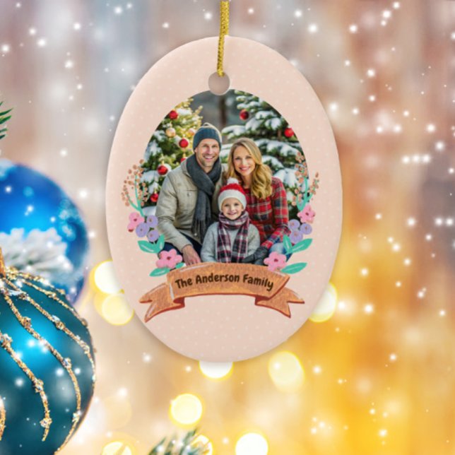 Festive Floral Wreath Christmas Baby Pink Photo Ceramic Tree Decoration (Creator Uploaded)