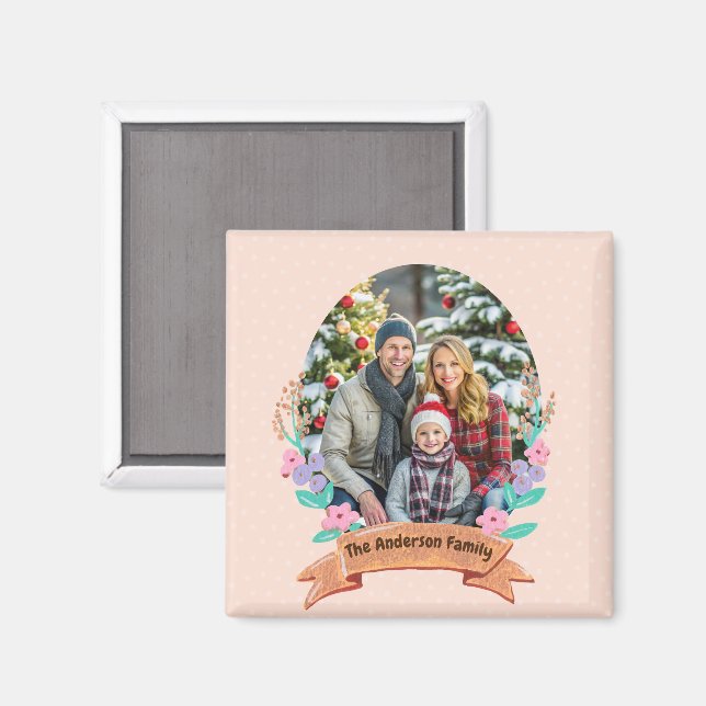 Festive Floral Wreath Christmas Baby Pink Photo Magnet (Front/Back)