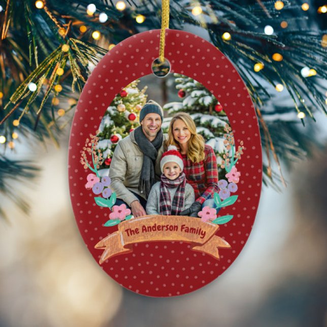 Festive Floral Wreath Christmas Red Photo Ceramic Tree Decoration (Creator Uploaded)