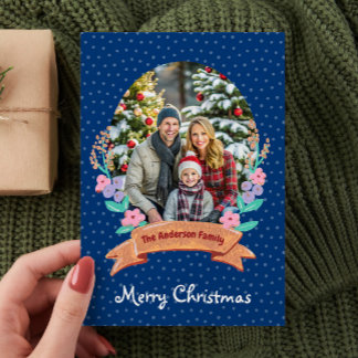 Festive Floral Wreath Dark Blue Photo Christmas Holiday Card