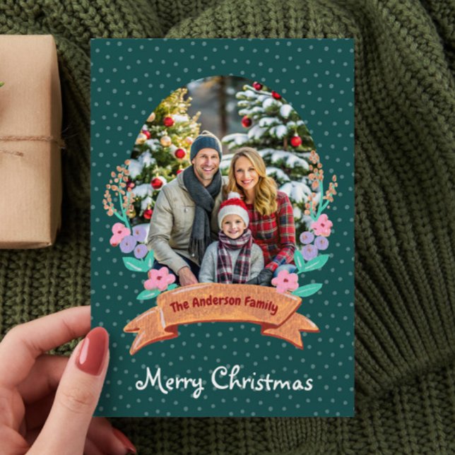 Festive Floral Wreath Green Photo Christmas Holiday Card (Creator Uploaded)