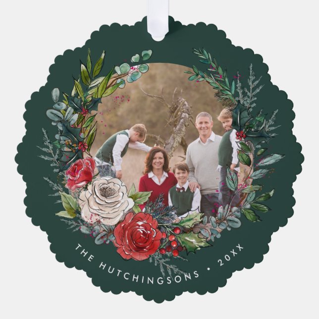 Festive Floral Wreath Photo Tree Decoration Card (Front)