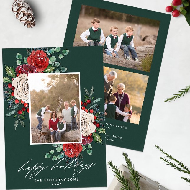 Festive Florals 3 Photo Modern Holiday Card (Creator Uploaded)