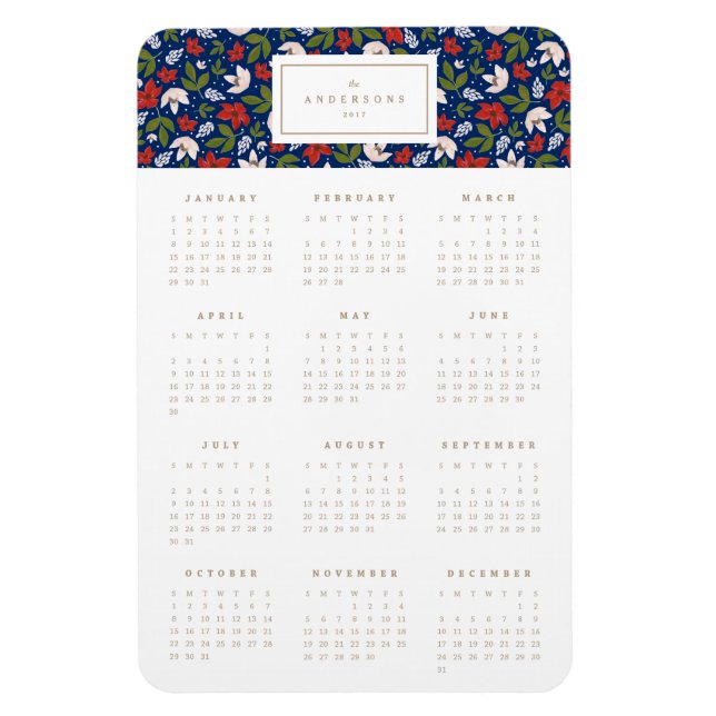 Festive Florals in Navy 4x6 Yearly Calendar Magnet (Vertical)