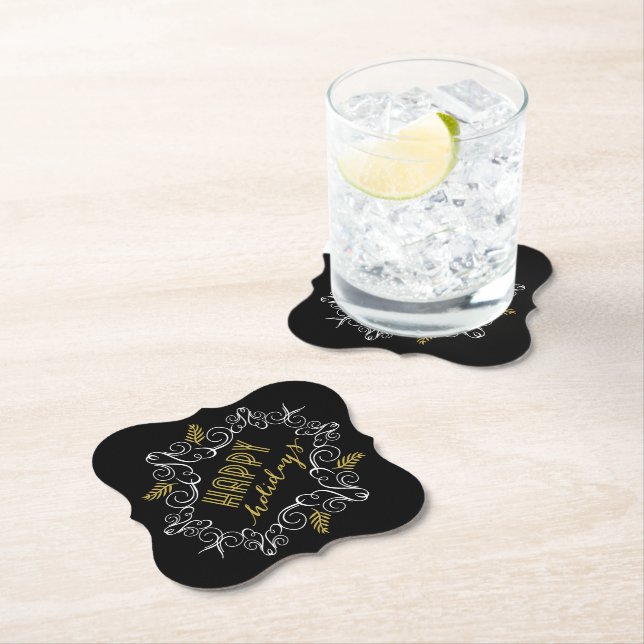 Festive Foliage Deco Gold Frame Holiday Party Paper Coaster (Insitu)