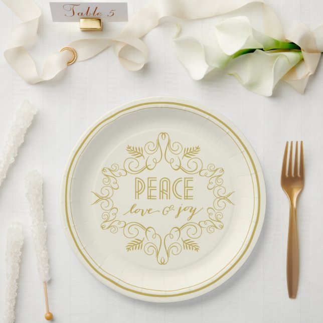Festive Foliage Deco Peace Love Joy Holiday Party Paper Plate (Wedding)