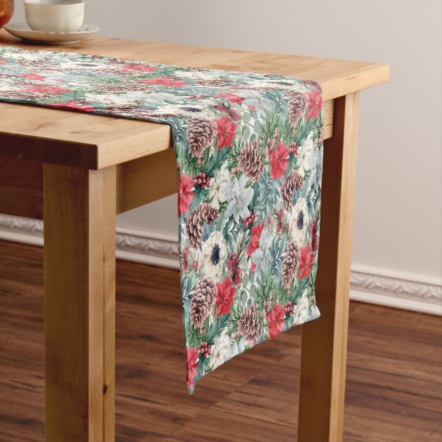 Festive Foliage Floral Christmas Holiday Pattern Short Table Runner (In Situ)