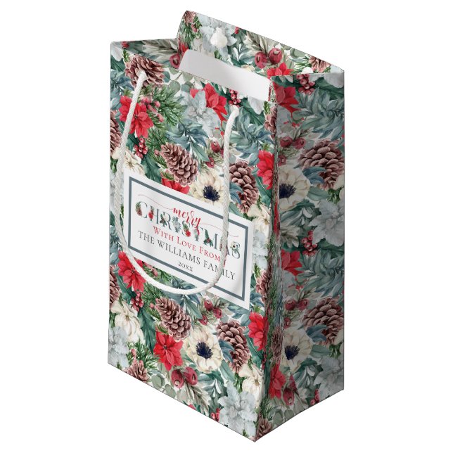 Festive Foliage Floral Christmas Holiday Pattern Small Gift Bag (Front Angled)