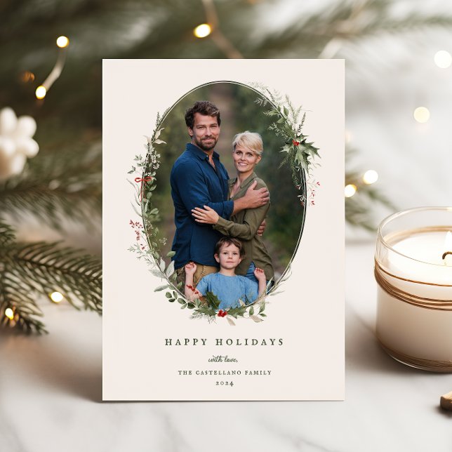 Festive Foliage Frame Flat Holiday Photo Card (Creator Uploaded)