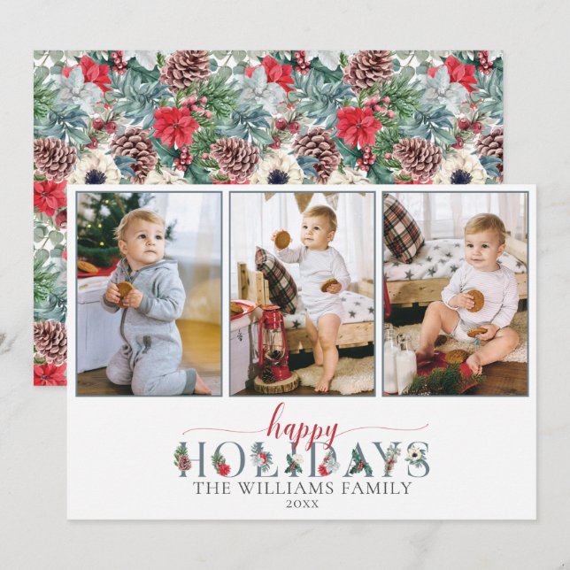 Festive Foliage Happy Holidays Floral 3-Photo Card (Front/Back)