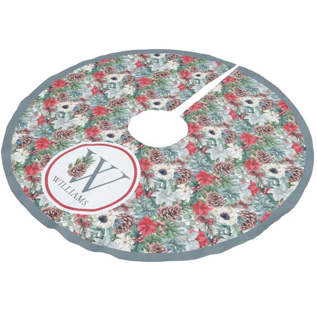 Festive Foliage Holiday Floral Initial Custom Name Brushed Polyester Tree Skirt (Angled)