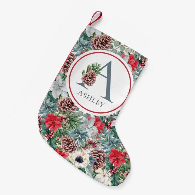 Festive Foliage Holiday Floral Initial Custom Name Small Christmas Stocking (Front (Hanging))