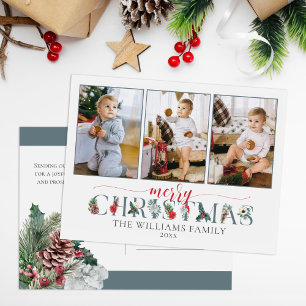 Festive Foliage Merry Christmas Floral 3-Photo Postcard