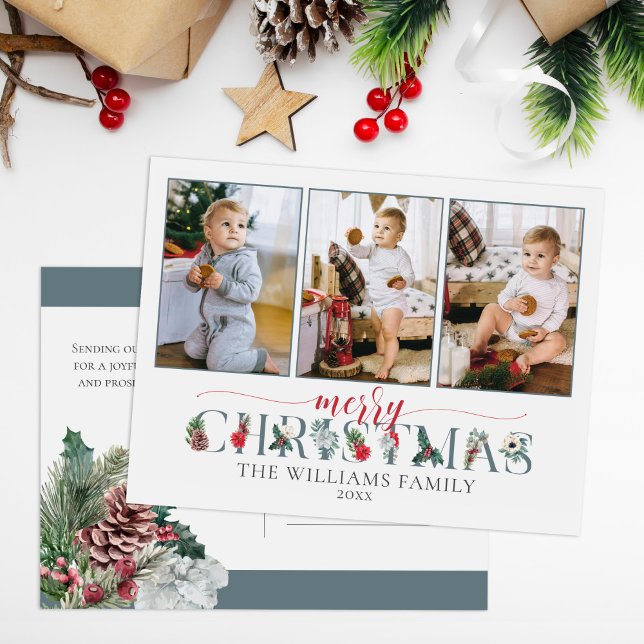 Festive Foliage Merry Christmas Floral 3-Photo Postcard (Creator Uploaded)
