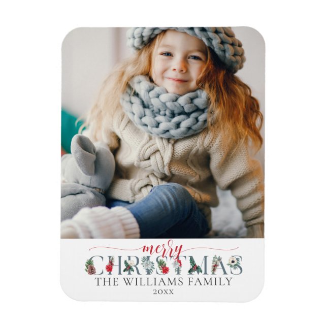 Festive Foliage Merry Christmas Floral Greeting Magnet (Vertical)