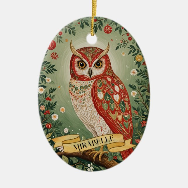 Festive Foliage Owl Personalised Ceramic Tree Decoration (Front)