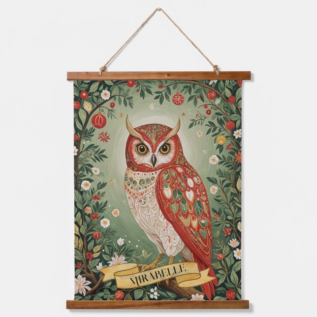 Festive Foliage Owl Personalised Hanging Tapestry (Front)