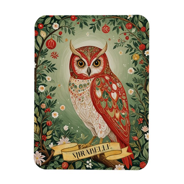 Festive Foliage Owl Personalised Magnet (Vertical)
