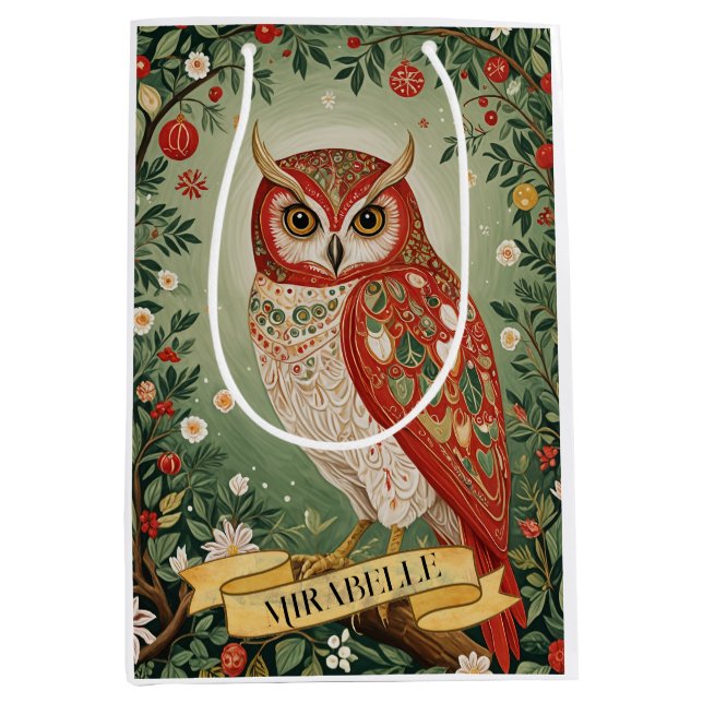Festive Foliage Owl Personalised Medium Gift Bag (Front)