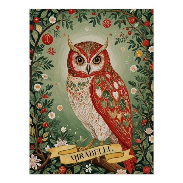 Festive Foliage Owl Personalised Poster (Front)