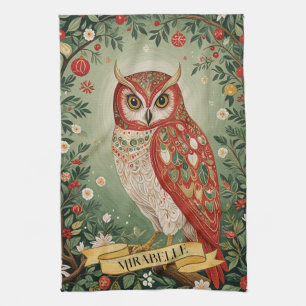 Festive Foliage Owl Personalised Tea Towel