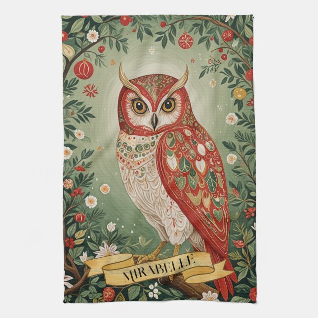 Festive Foliage Owl Personalised Tea Towel (Vertical)