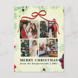 Festive Foliage Red Ribbon 4 Photo Christmas Holiday Postcard