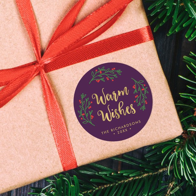 Festive Foliage Warm Wishes Purple Holiday Classic Round Sticker (Creator Uploaded)