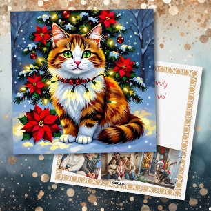 Festive Folk Art Cat with Family Photos Custom Holiday Card