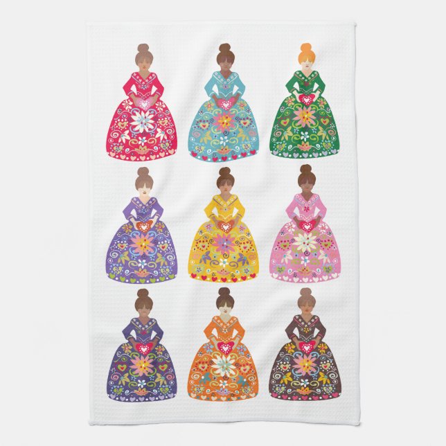 Festive Folk Art Ladies Tea Towel (Vertical)