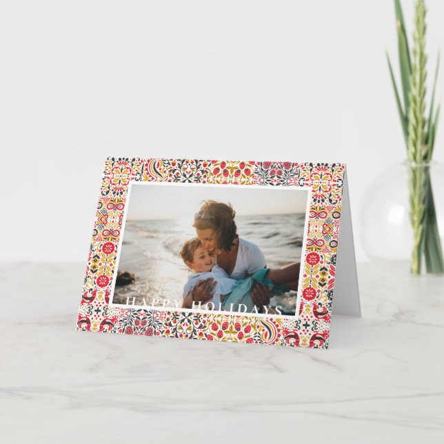 Festive Folk Art Tile Frame Holiday Photo (Front)