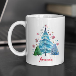 Festive folklor art Christmas trees monogram Coffee Mug