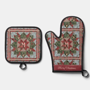 Festive Forest Animals Patchwork Monogrammed Oven Mitt & Pot Holder Set