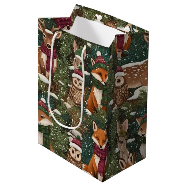 Festive Forest Creatures in Green Medium Gift Bag (Front Angled)