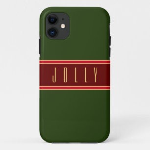 Festive Forest Green Burgundy Stripes "Jolly" Text iPhone 11 Case
