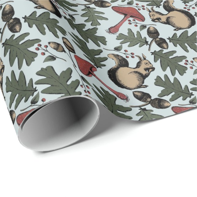 Festive Forest Squirrels, Acorns & Mushrooms Blue Wrapping Paper (Roll Corner)