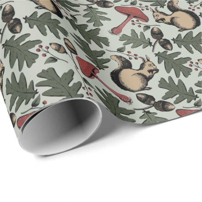 Festive Forest Squirrels, Acorns & Mushrooms Green Wrapping Paper (Roll Corner)